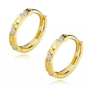 Okrúhle náušnice z 9K žltého zlata - štvorce s diamantovým rezom, zirkóny, 11mm