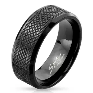 Čierny prsteň z nehrdzavejúcej ocele - motív diamantového rezu, obdĺžniky - Veľkosť: 62 mm