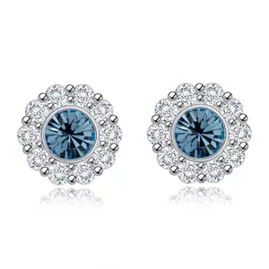 Strieborné 925 náušnice - kvet, aqua modrý krištáľ Swarovski, číre zirkóny