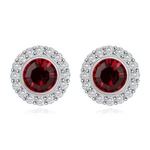 Strieborné 925 náušnice - kvet, červený krištáľ Swarovski, číre zirkóny