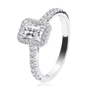 Strieborný 925 prsteň - obdĺžnikový zirkón, číra obruba, zirkónové ramená - Veľkosť: 64 mm