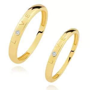 Diamantové obrúčky zo žltého 14K zlata - nápis LOVE, okrúhly číry briliant - Veľkosť: 51 mm