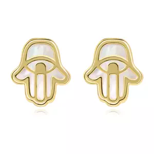 Zlaté náušnice 9K symbol Hamsa s prírodnou perleťou
