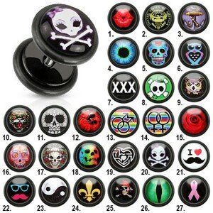 Fake plug do ucha z akrylu, lesklé čierne kolieska, rôzne motívy - Symbol: FP11