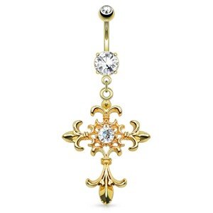Piercing do bruška z ocele 316L, zlatá farba, ľaliový kríž, zirkóny