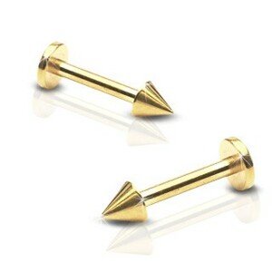 Lesklý oceľový piercing do brady - labret s hrotom, zlatá farba - Rozmer: 1,2 mm x 8 mm
