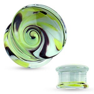 Číry plug do ucha z pyrexového skla, motív víru žltej, čiernej a bielej farby - Hrúbka: 14 mm