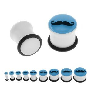 Biely piercing do ucha - plug, fúzy, gumička, modrá predná časť žiariaca v tme - Hrúbka: 8 mm