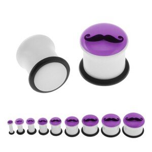 Plug do ucha, biela farba, fialová predná časť svietiaca v tme, fúzy, gumička - Hrúbka: 12 mm