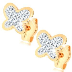 Náušnice v žltom 9K zlate - trblietavý motýlik, číre krištále Swarovski