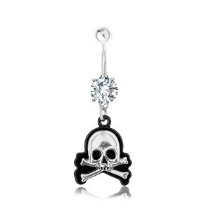 Oceľový 316L piercing do pupku, lebka svietiaca v tme, číry zirkón