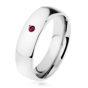 Oceľový prsteň, zrkadlový lesk, fialový zirkón, hladké ramená - Veľkosť: 59 mm