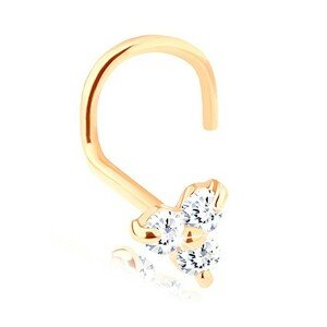 Piercing do nosa v žltom 14K zlate, zahnutý - tri číre zirkóniky