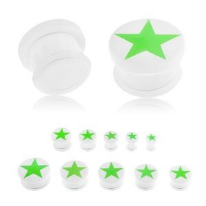 Plug do ucha z akrylu bielej farby, zelená päťcípa hviezda žiariaca v tme, gumička - Hrúbka: 4 mm