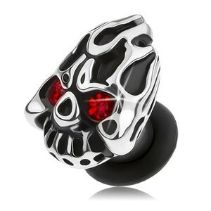 Oceľový plug do ucha striebornej farby, lebka s horiacou hlavou, červené zirkóny - Hrúbka: 4 mm