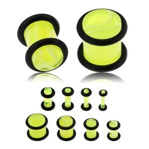 Plug do ucha z akrylu, neónovo žltá farba, mramorový vzor, čierne gumičky - Hrúbka: 5 mm