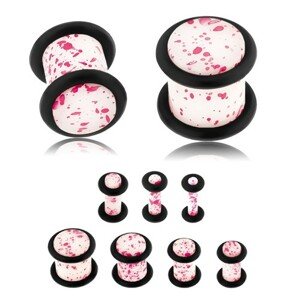 Akrylový plug do ucha, povrch bielej farby s neónovo ružovými škvrnami - Hrúbka: 8 mm
