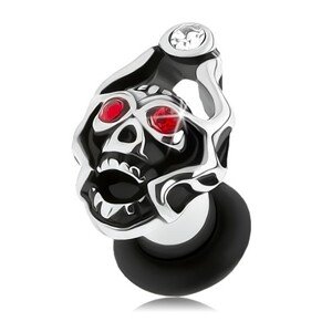 Plug do ucha z ocele 316L, lebka s korunou, zirkóny červenej a čírej farby - Hrúbka: 5 mm