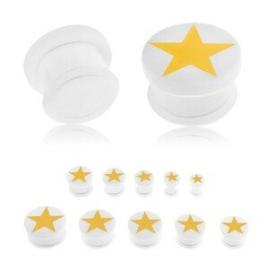 Plug do ucha z akrylu bielej farby, žltá päťcípa hviezda, gumička - Hrúbka: 3 mm
