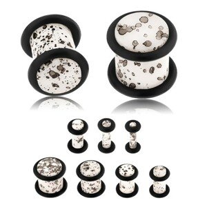 Akrylový plug do ucha, povrch bielej farby s čiernymi fliačikmi, čierne gumičky - Hrúbka: 3 mm