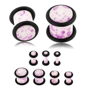 Plug do ucha, akryl, biely povrch s fialovými škvrnami, čierne gumičky - Hrúbka: 6 mm