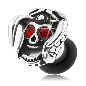 Oceľový plug do ucha, lebka s prilbou a rohami, červené zirkóny, patina - Hrúbka: 4 mm