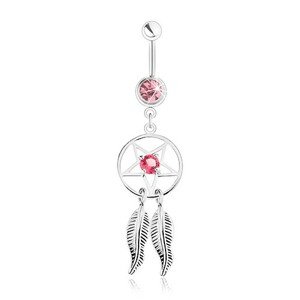 Piercing do pupku z ocele 316L, okrúhly lapač snov s ružovým zirkónom, pierka