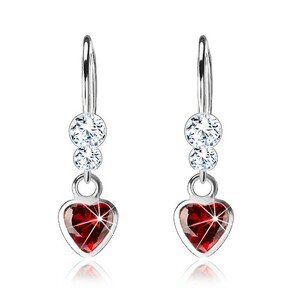 Strieborné náušnice 925, červené zirkónové srdiečko, číre krištále Swarovski
