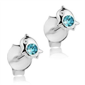 Náušnice zo striebra 925, malý delfínik so svetlomodrým krištálikom Swarovski