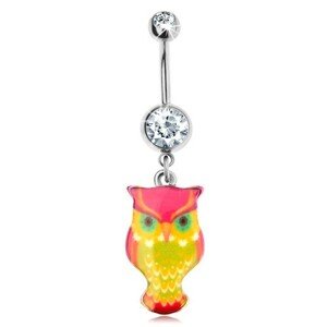 Oceľový piercing do pupka, pestrofarebná sova, hladký vypuklý povrch