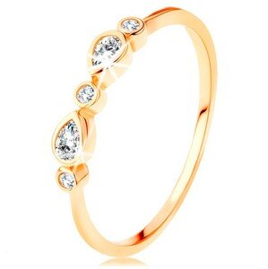 Prsteň v žltom 14K zlate - okrúhle a slzičkové zirkóny čírej farby, lesklé ramená - Veľkosť: 49 mm