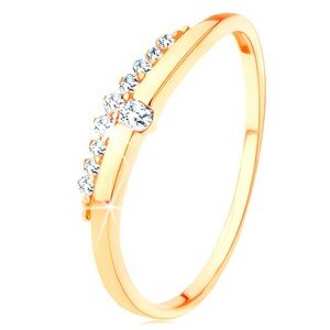 Prsteň zo žltého 14K zlata - hladká vlnka s čírym zirkónom, zirkónový pás - Veľkosť: 49 mm