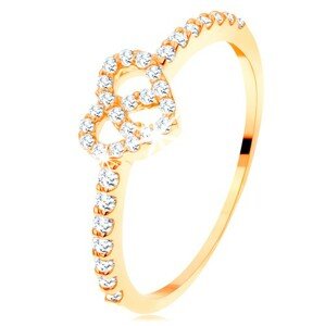 Prsteň zo žltého 14K zlata - zirkónové ramená, ligotavý číry obrys srdca - Veľkosť: 58 mm