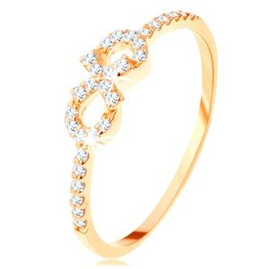 Prsteň zo žltého 14K zlata - symbol nekonečna zdobený čírymi zirkónikmi - Veľkosť: 64 mm