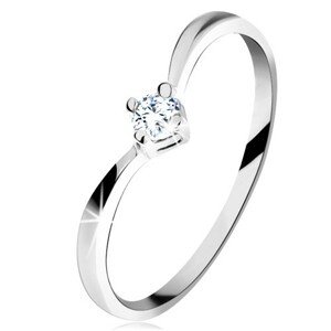 Zlatý prsteň 585 - lesklé zahnuté ramená, ligotavý brúsený diamant čírej farby - Veľkosť: 55 mm