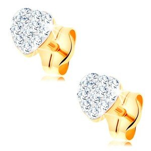 Náušnice zo žltého 14K zlata - trblietavé srdiečko zdobené krištálikmi Swarovski