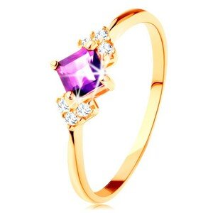 Prsteň v žltom 14K zlate - fialový ametystový štvorček, číre zirkóniky - Veľkosť: 58 mm