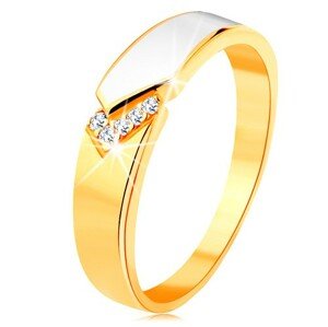 Prsteň zo žltého 14K zlata - lesklý pás bielej glazúry, číre zirkóniky - Veľkosť: 56 mm