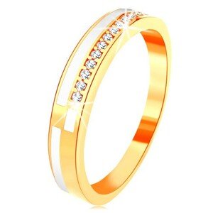 Prsteň v žltom 14K zlate - úzke línie z čírych zirkónikov a bielej glazúry - Veľkosť: 49 mm