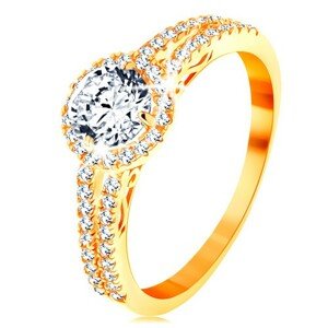 Prsteň zo žltého 14K zlata - číry zirkón s ligotavým lemom, zdobené ramená - Veľkosť: 62 mm