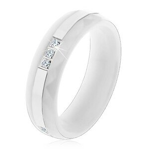 Prsteň z bielej keramiky s brúseným povrchom, otočný tenký oceľový pásik, zirkóny - Veľkosť: 54 mm