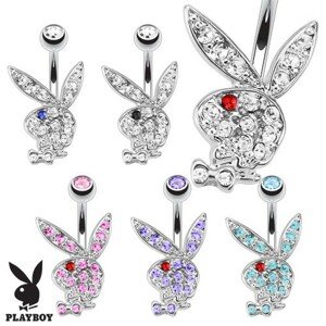 Piercing do pupka z ocele 316L, zirkónový zajac Playboy s farebným očkom - Farba zirkónu: Číra - Modrá
