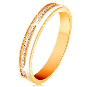 Obrúčka v žltom 14K zlate - úzke línie z čírych zirkónikov a bielej glazúry - Veľkosť: 59 mm