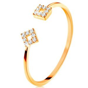 Prsteň zo žltého 14K zlata s oddelenými ramenami, malé zirkónové štvorce - Veľkosť: 53 mm