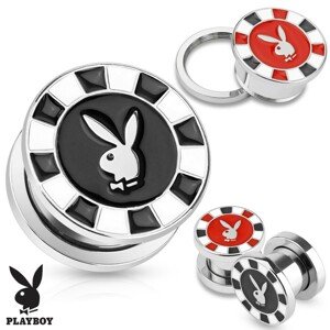 Tunel plug do ucha z ocele 316L, strieborná farba, zajačik Playboy - Hrúbka: 8 mm, Farba piercing: Červená