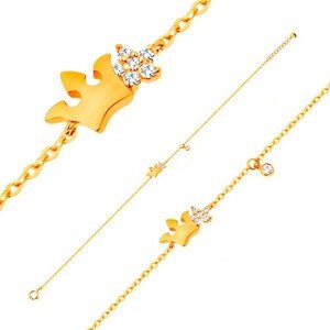 Náramok zo žltého 14K zlata - lesklá korunka a číry zirkónový kvet, 180 mm