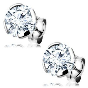 Náušnice z bieleho 14K zlata - číry okrúhly zirkón v kotlíku, 6 mm