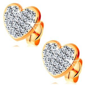 Náušnice zo žltého 14K zlata - číre ligotavé srdce zdobené krištálikmi Swarovski