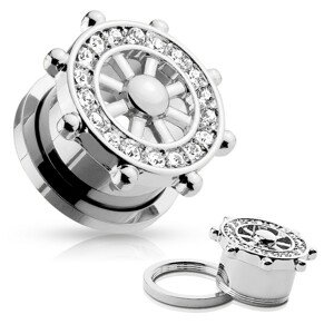 Tunel plug do ucha z ocele 316L, strieborná farba, lodné kormidlo so zirkónmi - Hrúbka: 8 mm