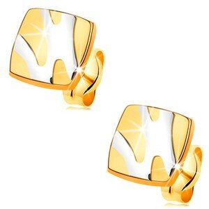 Zlaté 14K náušnice - lesklý štvorec s asymetrickými líniami z bieleho zlata